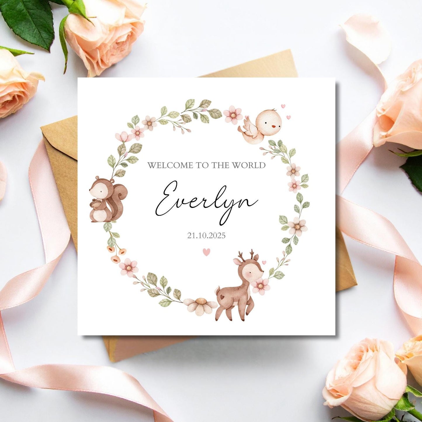 Personalised New Baby Girl Card ,Welcome to the World Card Card , New Arrival Animal Card, Baby Card for Daughter, Granddaughter, Niece Card