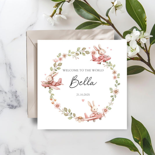 Personalised New Baby Girl Card ,Welcome to the World Card Card , New Arrival Bunny Card, Baby Card for Daughter, Granddaughter, Niece Card