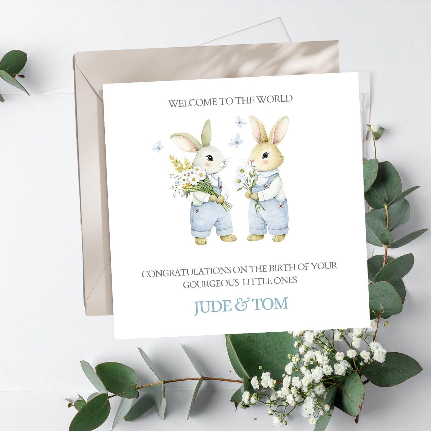 Personalised New Baby Twin Card, Personalised Baby Boy Twin Card ,Bunny New Baby Twin Card, Twin Girls, Twin Boys, Welcome to the World