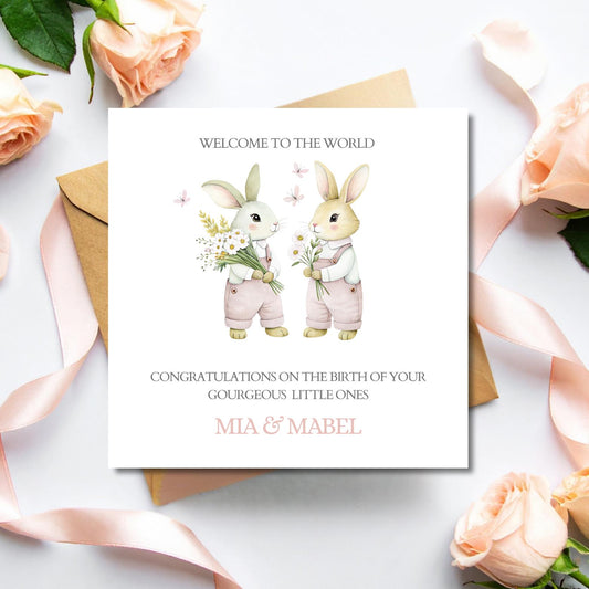 Personalised New Baby Twin Card, Personalised Baby Girl Twin Card ,Bunny New Baby Twin Card, Twin Girls, Twin Boys, Welcome to the World