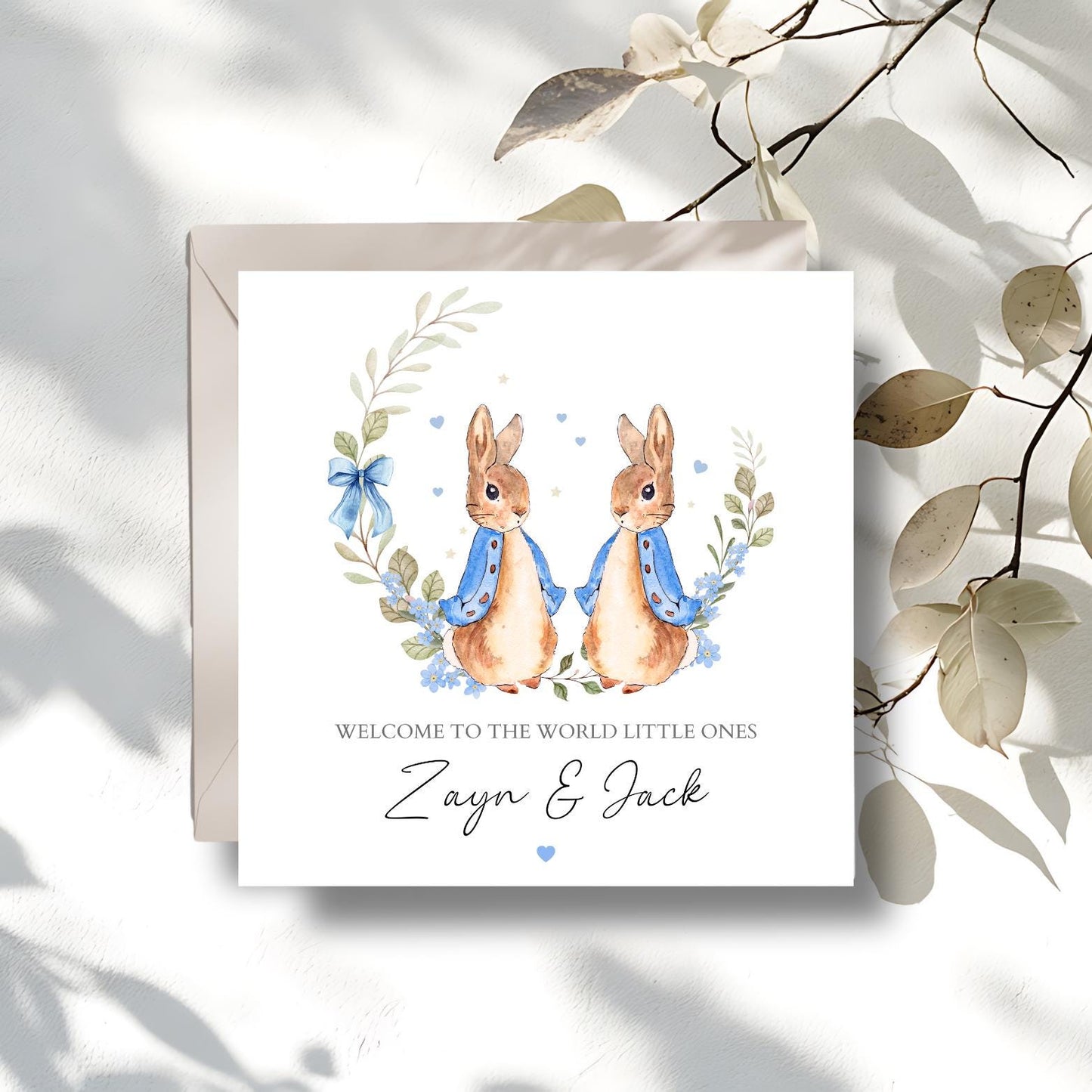 Personalised Flopsy Bunny Rabbit Twins Card, Twin Boys Peter Rabbit Card ,Twins Girls Card, Peter Rabbit New Baby Card