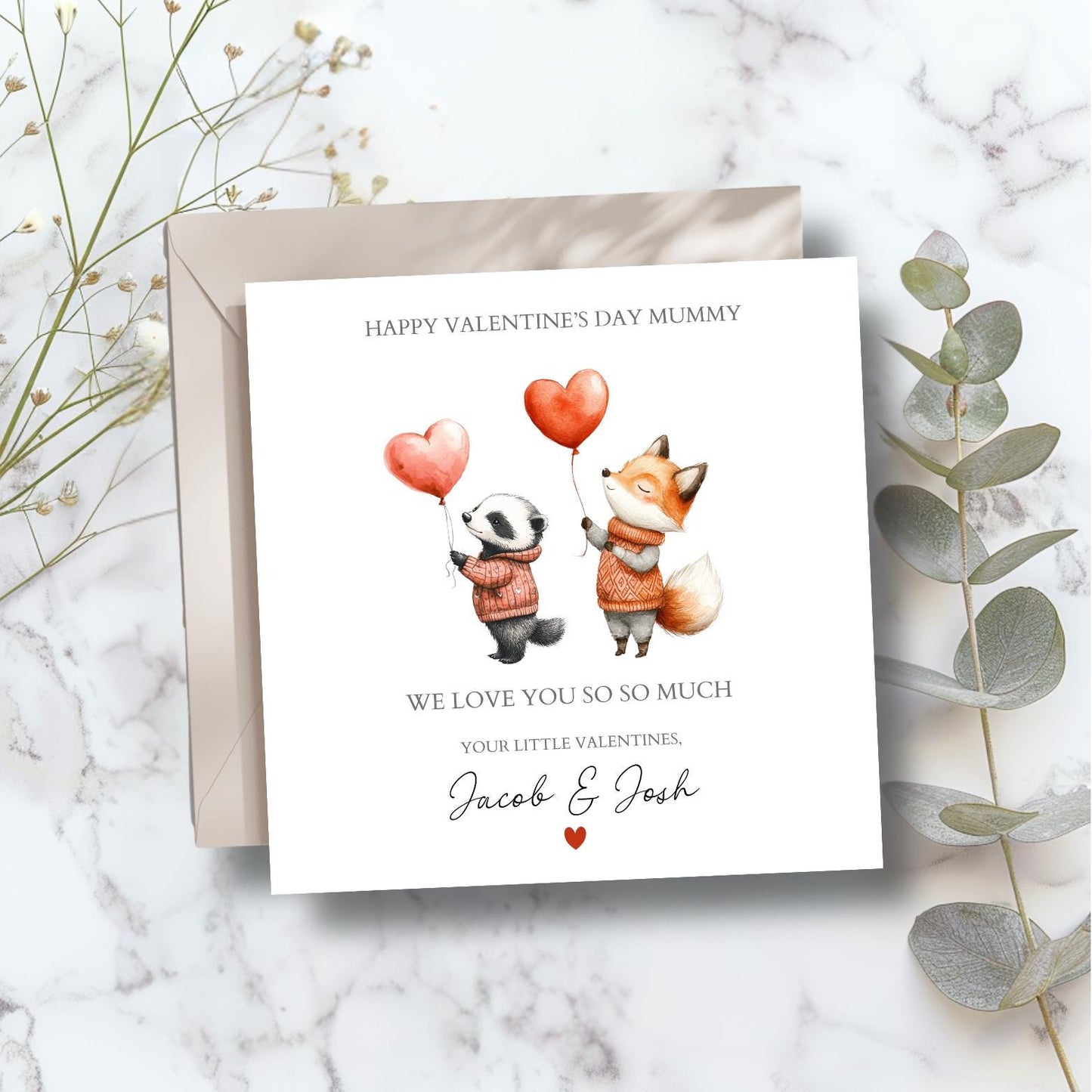 Personalised Mummy Valentines Day Card, Valentines Day Card for Mum, Animal Balloon 1st Valentine's Card for Mum, Grandma, Auntie, Nana