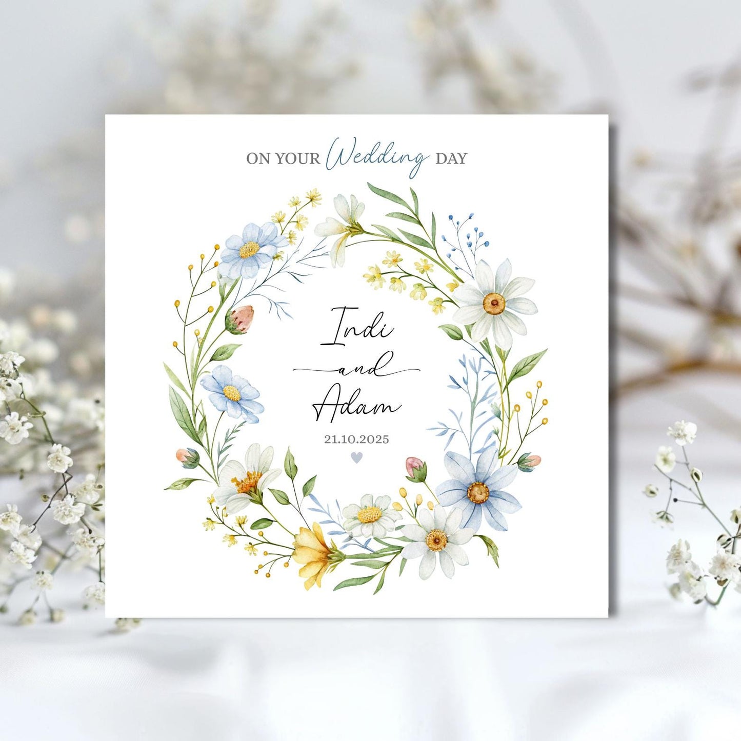 Personalised Wedding Card, Personalised On Your Wedding Day Card, Personalised Wedding Blue Flowers Greenery Card, Wedding Blue Card