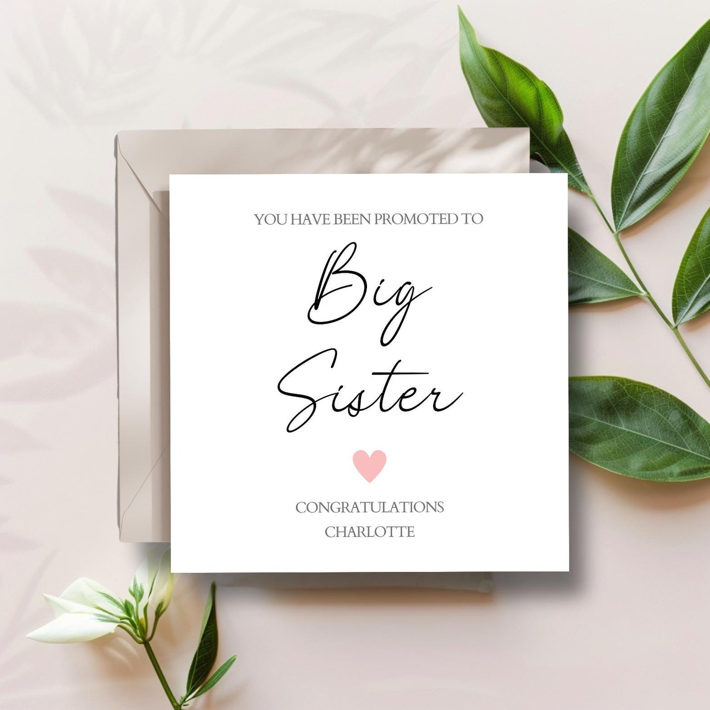 Personalised Big Sister Card, Personalised Big Sister Pink Girl Card l Big Sis Card |New Baby Card | Simple Elegant Card For Big Sister