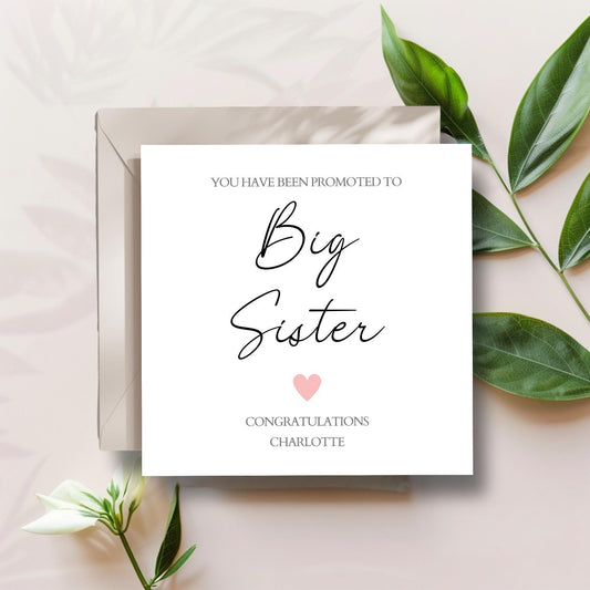 Personalised Big Sister Card, Personalised Big Sister Pink Girl Card l Big Sis Card |New Baby Card | Simple Elegant Card For Big Sister