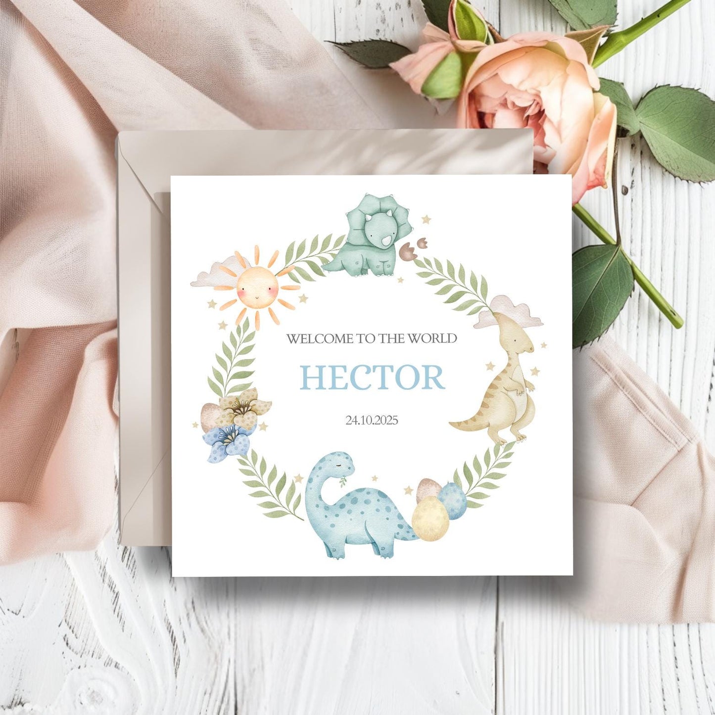 Personalised New Baby Card Dinosaurs, Welcome to the World Card, New Baby Dino Card, Neutral Baby Card,New Grandson,Niece,Granddaughter Card