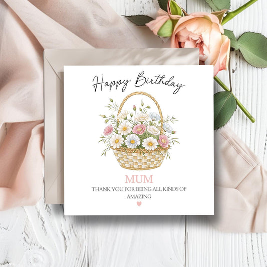 Personalised Mom Birthday Card -Flower Basket Mum Card -Elegant Mum Birthday Card for her Mother- Flower Design Mother Card