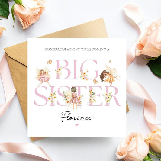 Personalised Big Sister Card, Personalised Big Sister Fairy Girl Card l Sister Greeting Card |Child Fairy Card, Magical Sister Announcement