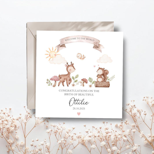 Personalised New Baby Card Woodland Animals , Welcome to the World Card,New Baby Animal Card, Neutral Baby Card,New Granddaughter,Niece Card