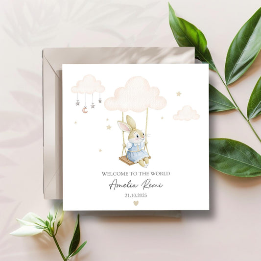 Personalised New Baby Card Bunny , Welcome to the World Card, New Baby Bunny Card, Neutral Baby Card,New Granddaughter, Niece, Sister Card