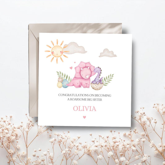 Personalised Big Sister Card - Dinosaur Big Sister Card For Daughter - Promoted to Big Sister- Dino Big Brother Card for Granddaughter,Niece