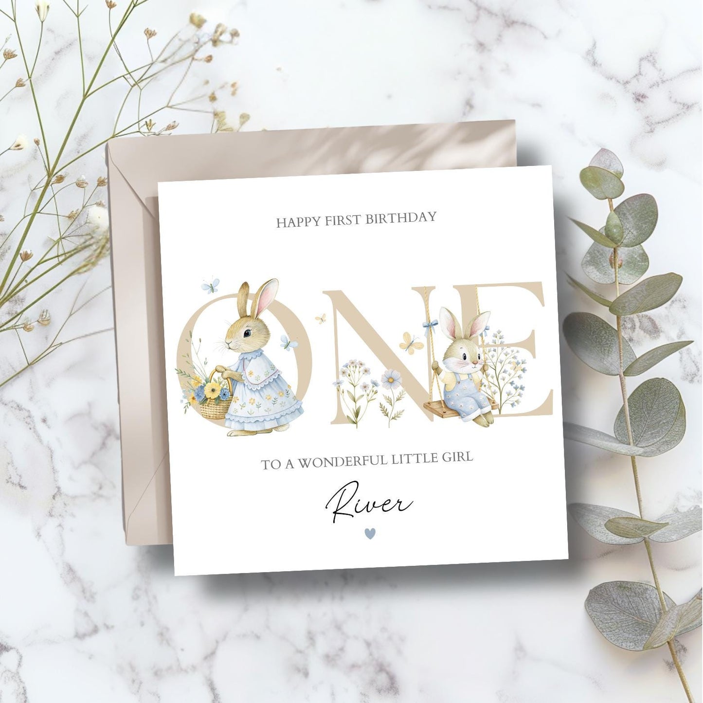 Personalised First Birthday Card Neutral | 1st birthday Bunny rabbit card | Girl One Personalised Birthday Card| Blue Bunnies Flowers Card