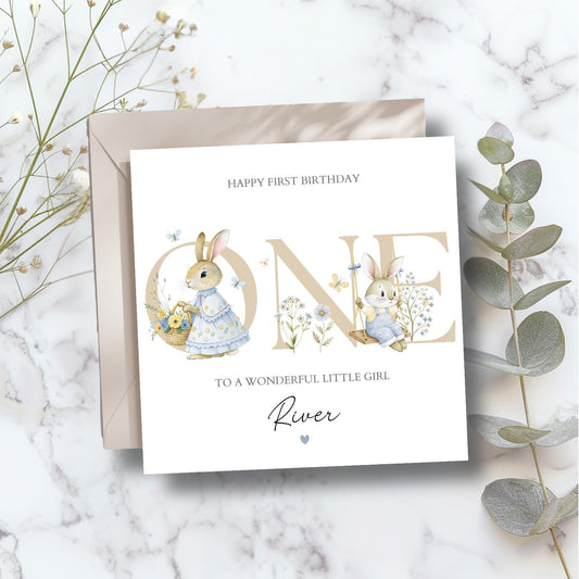 Personalised First Birthday Card Neutral | 1st birthday Bunny rabbit card | Girl One Personalised Birthday Card| Blue Bunnies Flowers Card