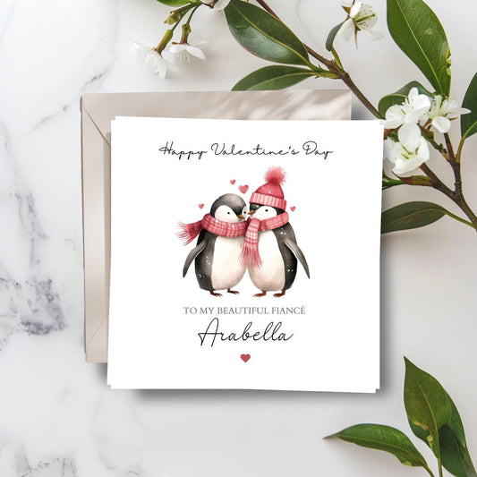 Personalised Fiancé Valentines Card, Personalised Pinguin Couple Valentine Card, Cute Pinguin Valentines Card for Fiancé, Wife, Girlfriend