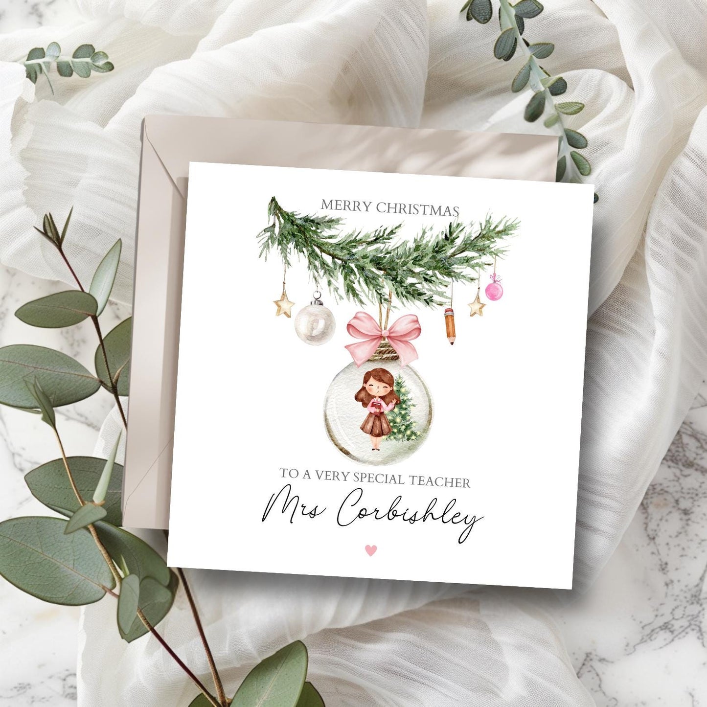 Personalised Teacher Christmas Card, Bauble Teaching Assistant Christmas Card, Head Teacher Christmas Card, Merry Christmas Teacher Card