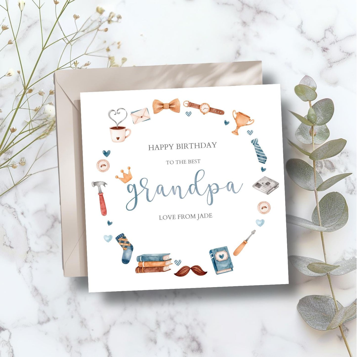 Personalised Grandpa Birthday Card - Birthday Card For Him -Best Grandad Card- Wreath Birthday Card for Grandfather, Grandpa