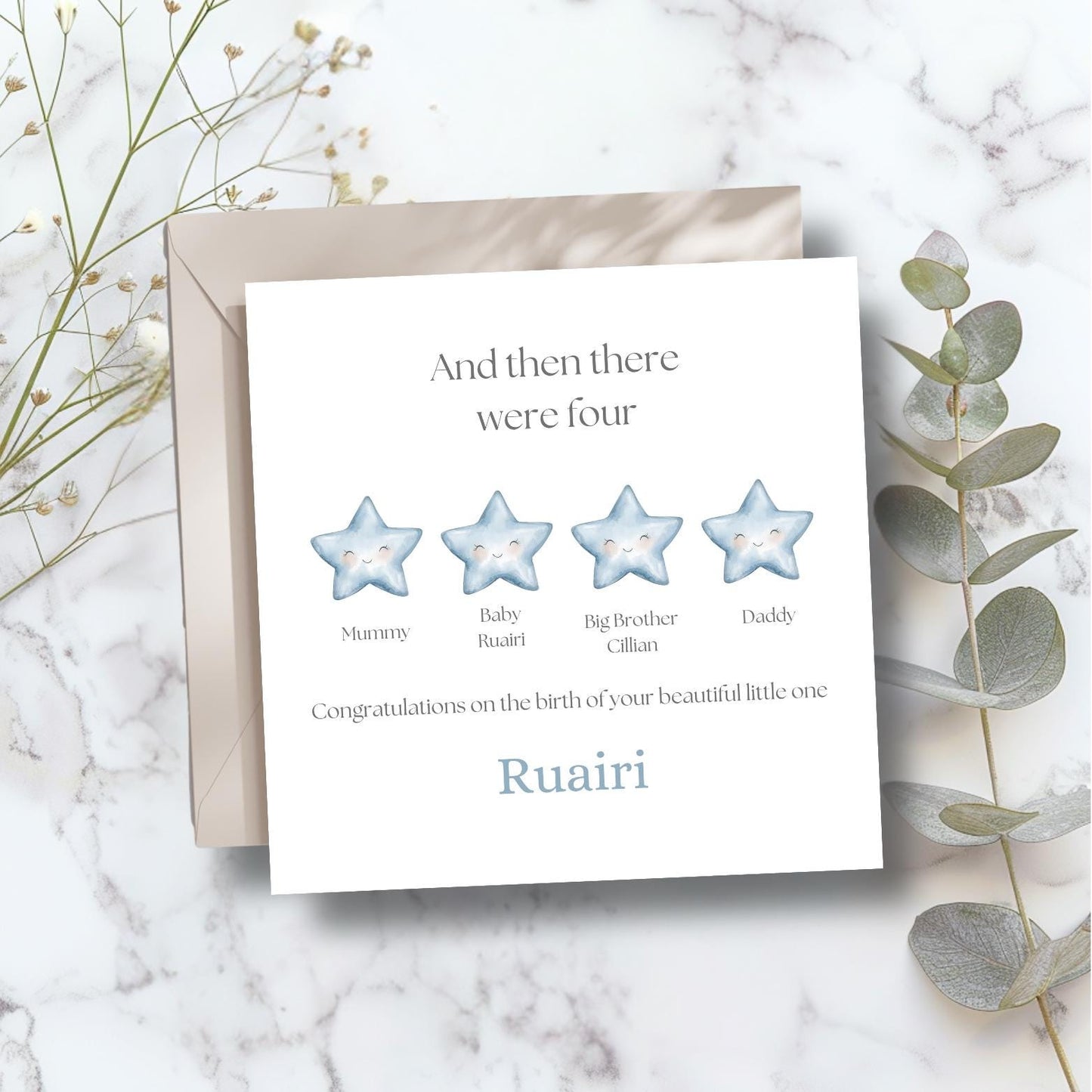 Personalised New Baby Card -Welcome to the World Card -Neutral Blue Keepsake Card- Personalised Stars Card-Then there were four card
