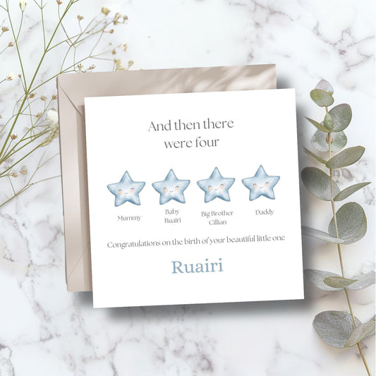 Personalised New Baby Card -Welcome to the World Card -Neutral Blue Keepsake Card- Personalised Stars Card-Then there were four card