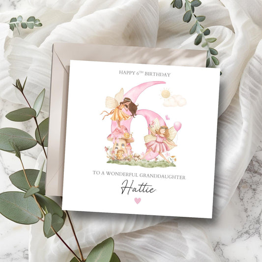 Personalised 6th Birthday Fairy Card |Sixth birthday Magic Pink card |2nd, 3rd Birthday Card for Girl, Granddaughter, Daughter,Any Relation