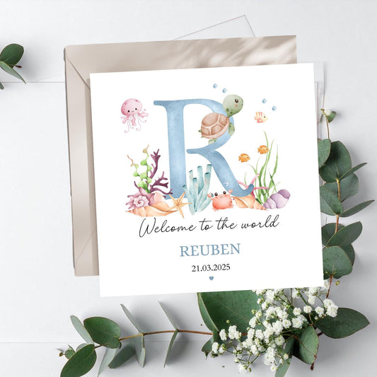 Personalised Sea Life Animals New Baby Card, Personalised New Baby Girl or Boy Card , Under The Sea Animals , Son, Grandson, Any Relation