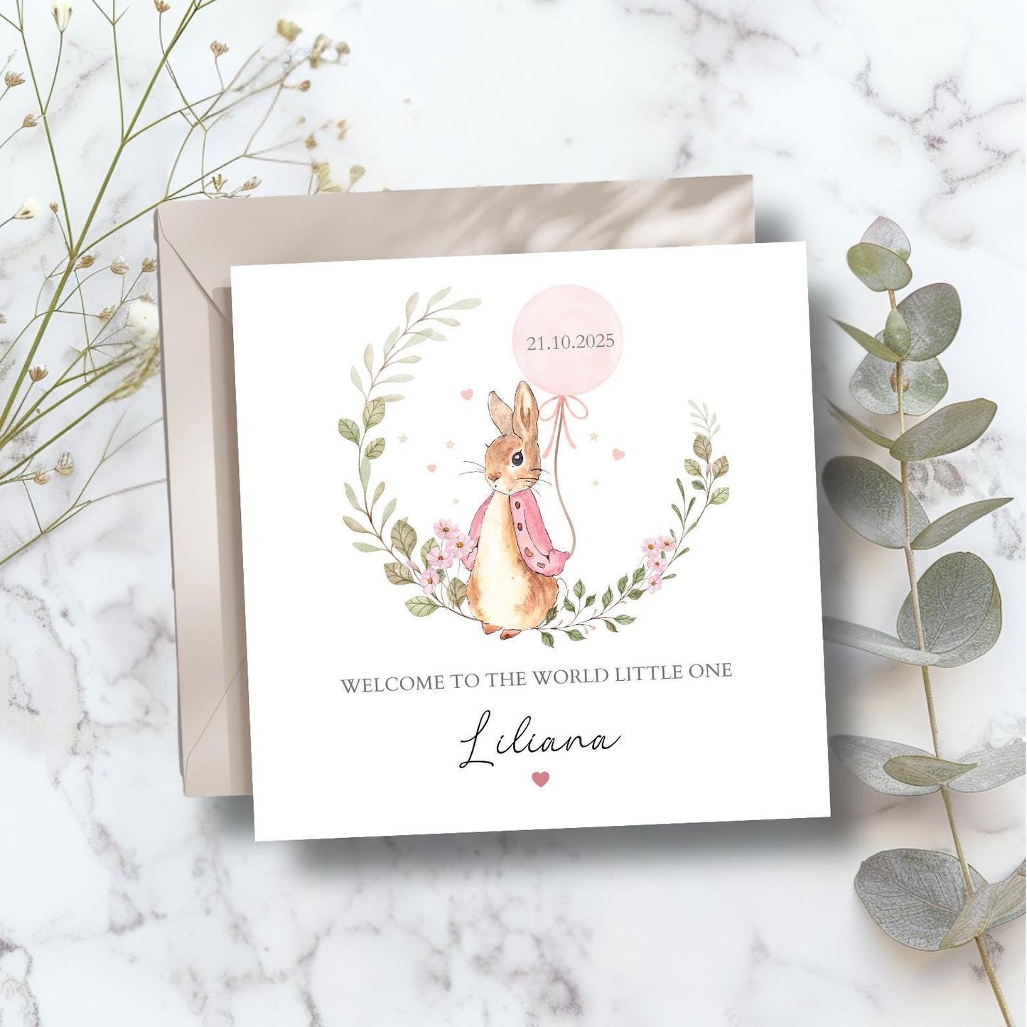 Personalised Flopsy Bunny Rabbit New Baby Card, Personalised New Baby Girl Greeting Card ,Baby's Name Card, Bunny Peter Rabbit Card
