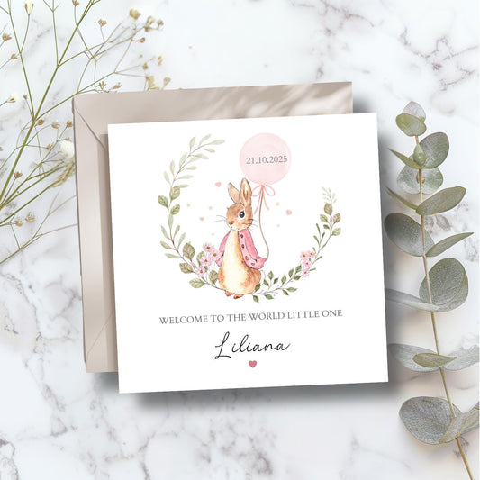 Personalised Flopsy Bunny Rabbit New Baby Card, Personalised New Baby Girl Greeting Card ,Baby's Name Card, Bunny Peter Rabbit Card