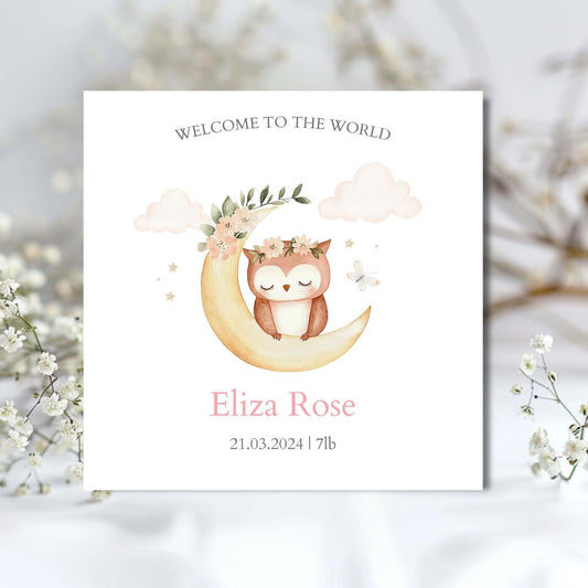 Personalised New Baby Card, Sleeping Owl Personalised Baby Pink Greeting Card ,Owl Baby Card for Granddaughter, Niece, Goddaughter