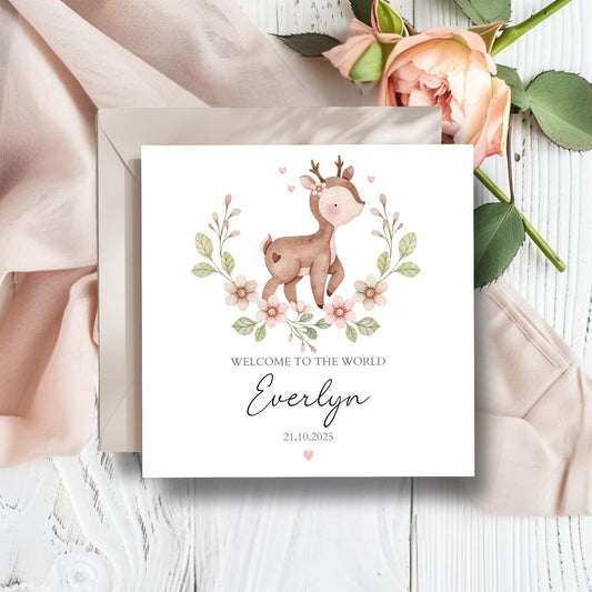 Personalised New Baby Card, Welcome to the World Card, New Baby Animal Card, Baby Card for Daughter, New Granddaughter, Niece, Sister Card