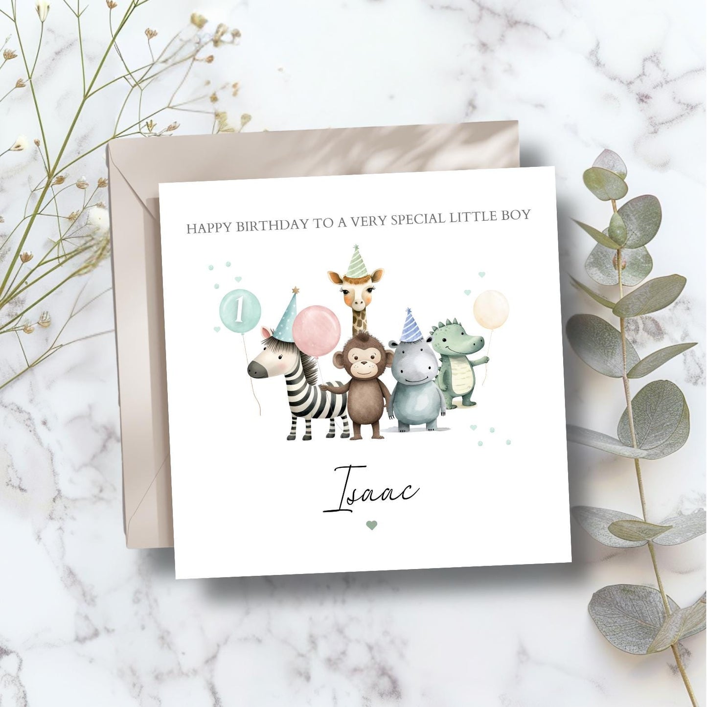 Personalised First Birthday Card Safari Animals Party| 1st birthday Animals card | Birthday Card for Boy |1st Birthday Card for Son, Any Age