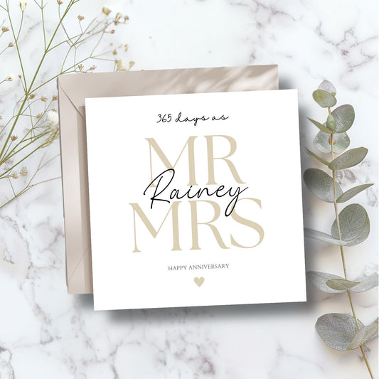 Personalised 365 Days Anniversary Card, 1 Year Wedding Anniversary Card, Beige, Colour Choices, Wedding Card