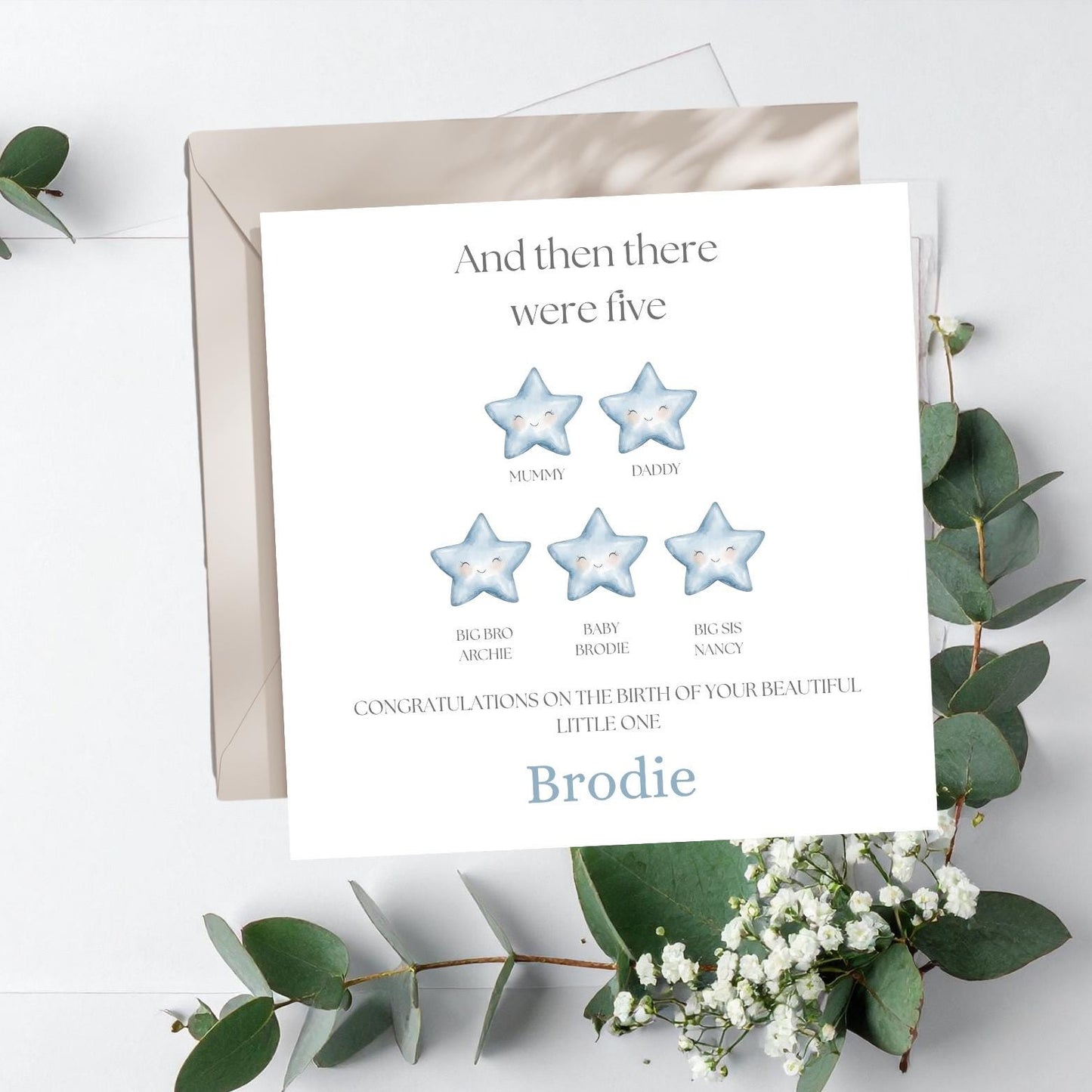 Personalised New Baby Card -Welcome to the World Card -Neutral Blue Keepsake Card- Personalised Stars Card-Then there were five card