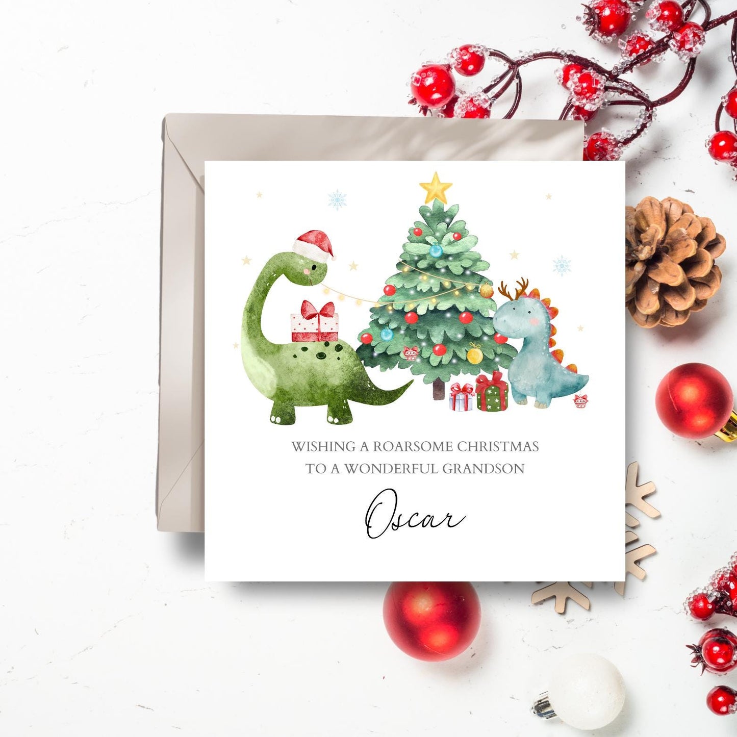 Personalised Dinosaur Christmas Card, Roarsome Xmas Card for Son, Dino Xmas Card For Grandson, Nephew, Xmas Dinos Tree Design, Any Relation