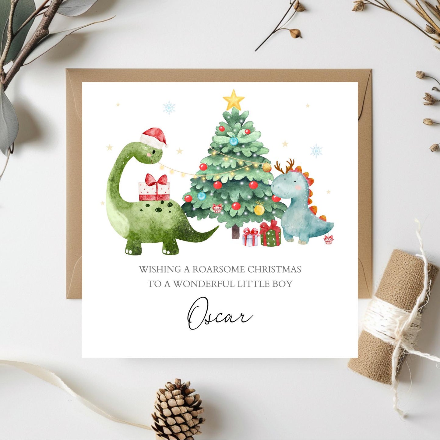 Personalised Dinosaur Christmas Card, Roarsome Xmas Card for Boy Son, Dino Xmas Card For Grandson, Nephew, Brother Xmas Dinos Tree Design