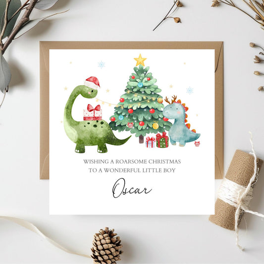Personalised Dinosaur Christmas Card, Roarsome Xmas Card for Boy Son, Dino Xmas Card For Grandson, Nephew, Brother Xmas Dinos Tree Design