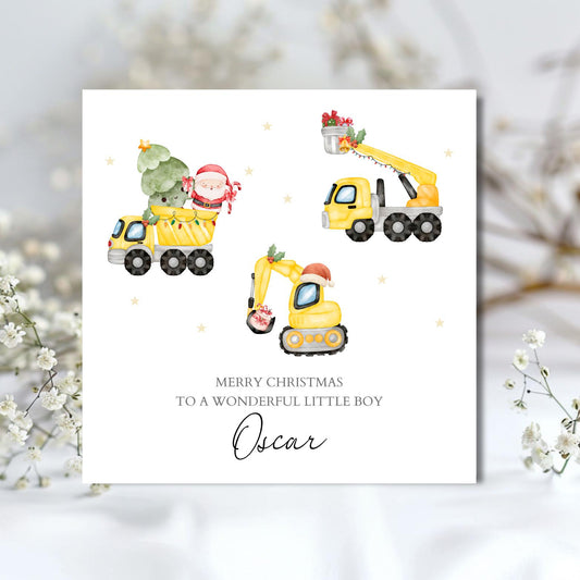 Personalised Digger Christmas Card | Construction Xmas Card for Son, Grandson, Nephew | Kids Truck Christmas Card, Vehicle Xmas Card For Boy