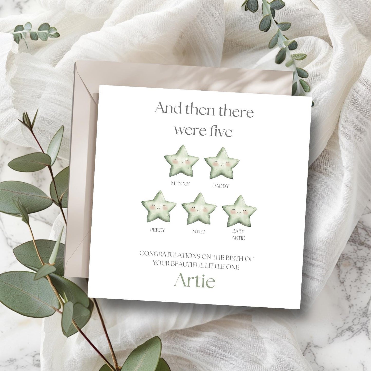 Personalised New Baby Card -Welcome to the World Card -Neutral Blue Keepsake Card- Personalised Stars Card-Then there were five card