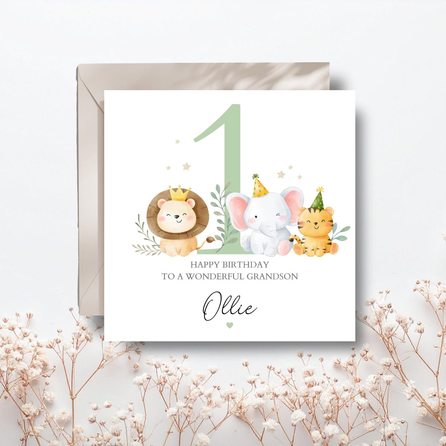Personalised First Birthday Card Safari Animals | 1st birthday Animals Card for Grandson | Boy First Birthday Card|1st Birthday Card for Son