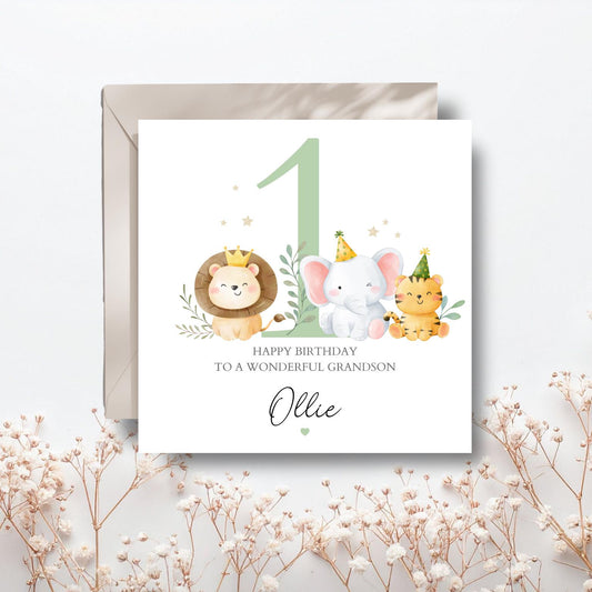 Personalised First Birthday Card Safari Animals | 1st birthday Animals Card for Grandson | Boy First Birthday Card|1st Birthday Card for Son