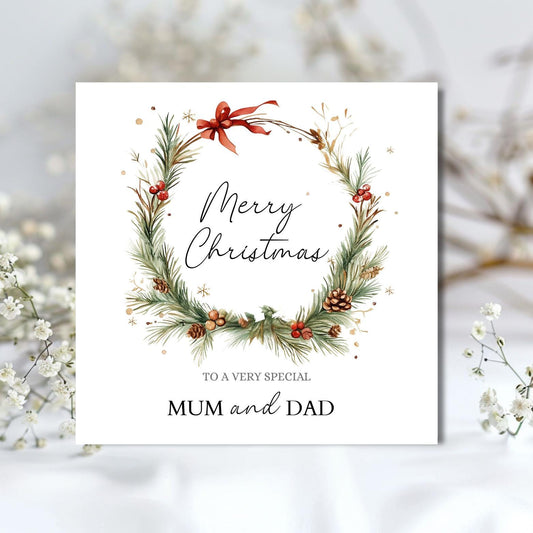 Personalised Mum And Dad Christmas Card, Parents Wreath Christmas Card, Merry Christmas Mum and Dad, Xmas Card Nanna, Grandad, Any Relation