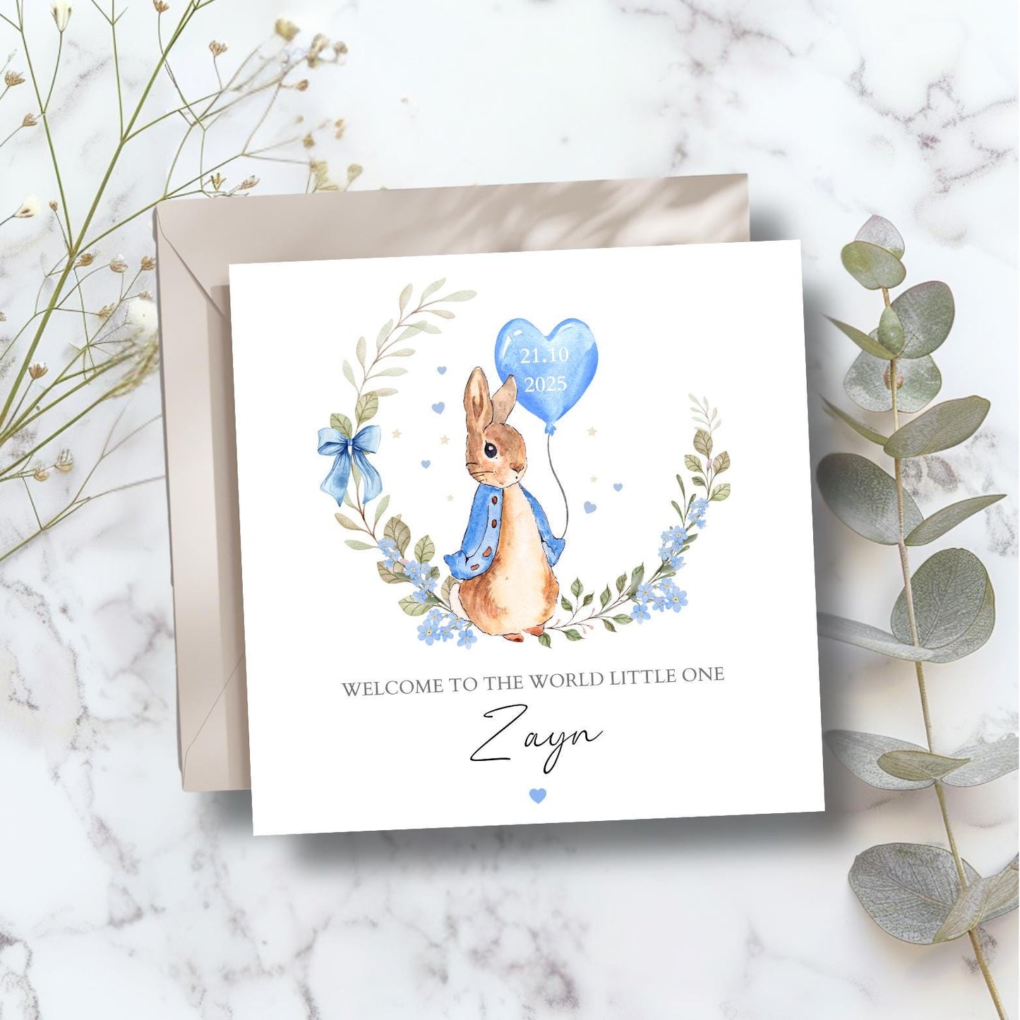 Personalised Flopsy Bunny Rabbit New Baby Card, Personalised New Baby Boy Greeting Card ,Baby's Name Card, Bunny Peter Rabbit Card