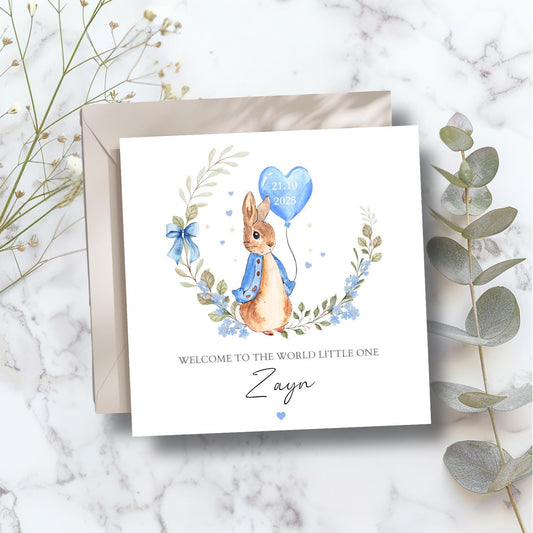 Personalised Flopsy Bunny Rabbit New Baby Card, Personalised New Baby Boy Greeting Card ,Baby's Name Card, Bunny Peter Rabbit Card