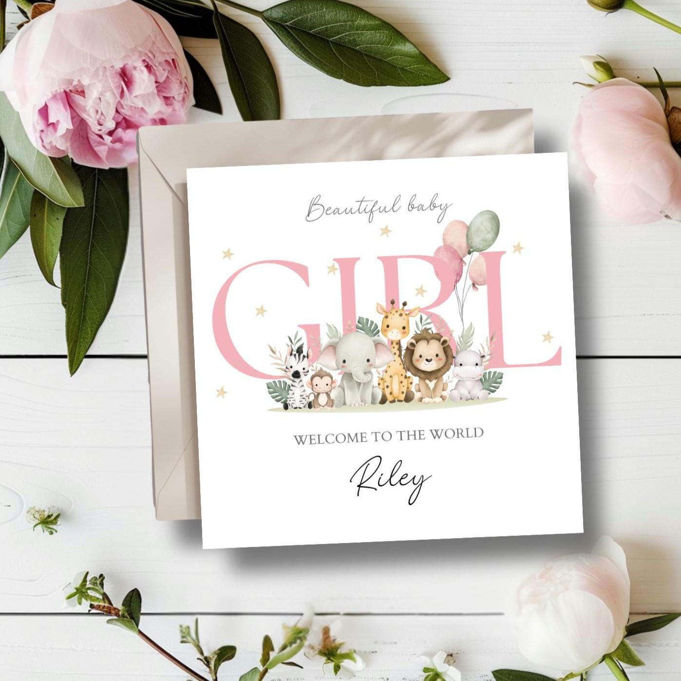 Personalised New Baby Girl Card, Safari Jungle Animals Baby Card, Welcome to the World Baby Card, Baby Card for Her, Animals Baby Card