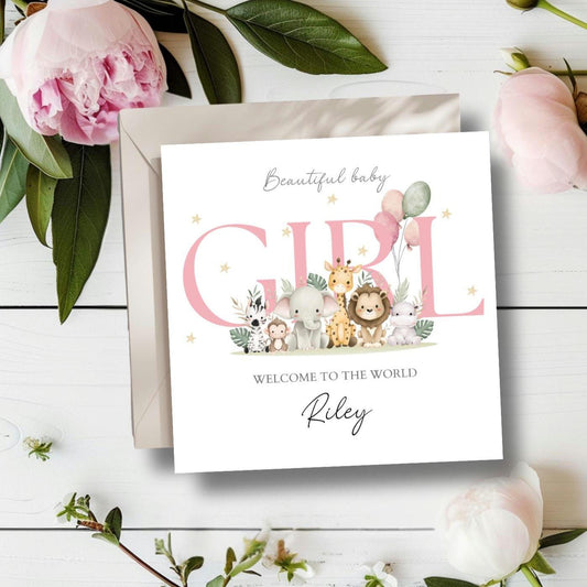 Personalised New Baby Girl Card, Safari Jungle Animals Baby Card, Welcome to the World Baby Card, Baby Card for Her, Animals Baby Card