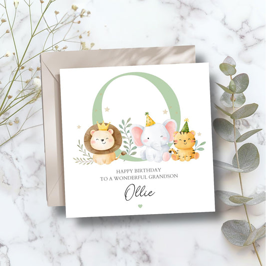 Personalised Safari Birthday Card Safari Animals | 1st, 2nd Birthday Animals Card for Grandson| Boy Birthday Card for Son, Grandson, Nephew