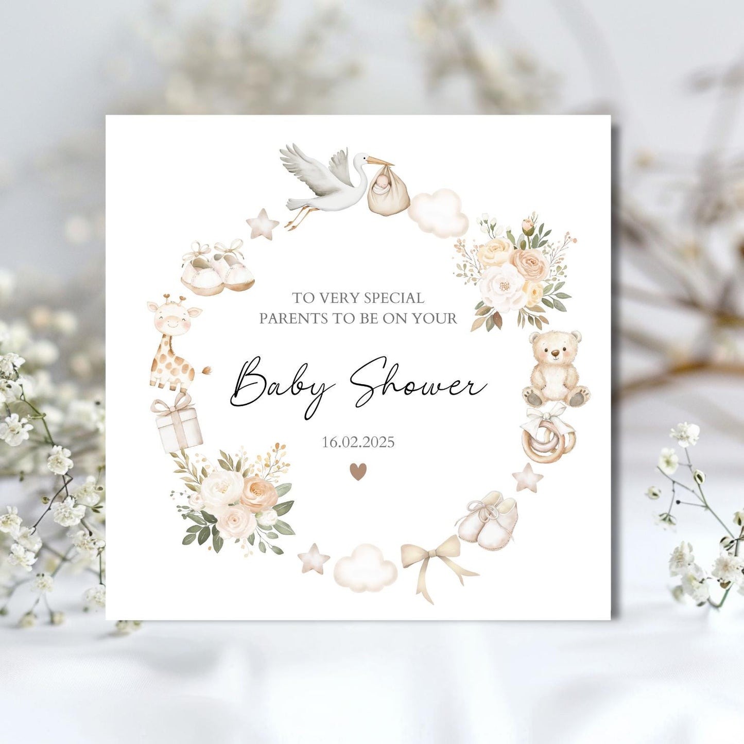 Personalised Baby Shower Card Neutral | Neutral Baby Shower Card Cute Giraffe, Stork Mummy to be Card, Baby Shower Gift for Baby Boy or Girl