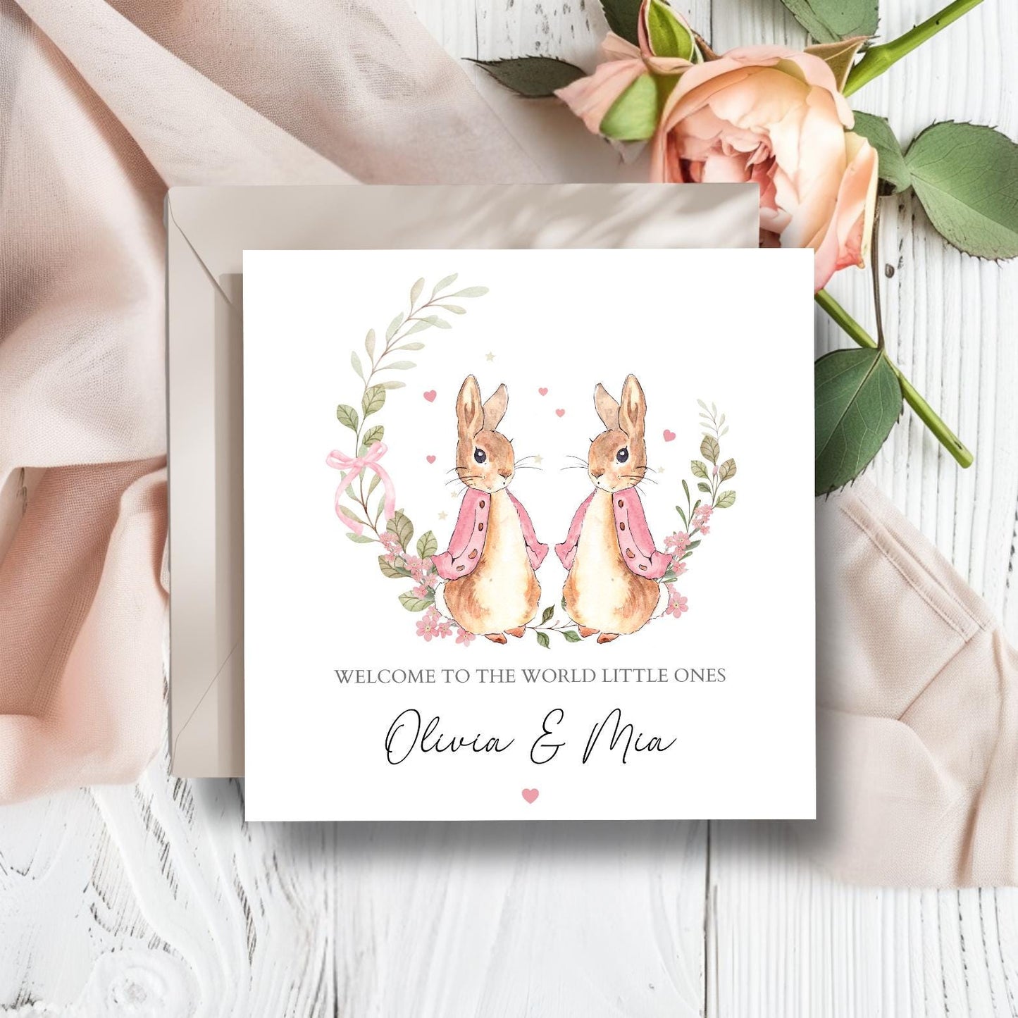 Personalised Flopsy Bunny Rabbit Twins Card, Twin Boys Peter Rabbit Card ,Twins Girls Card, Peter Rabbit New Baby Card