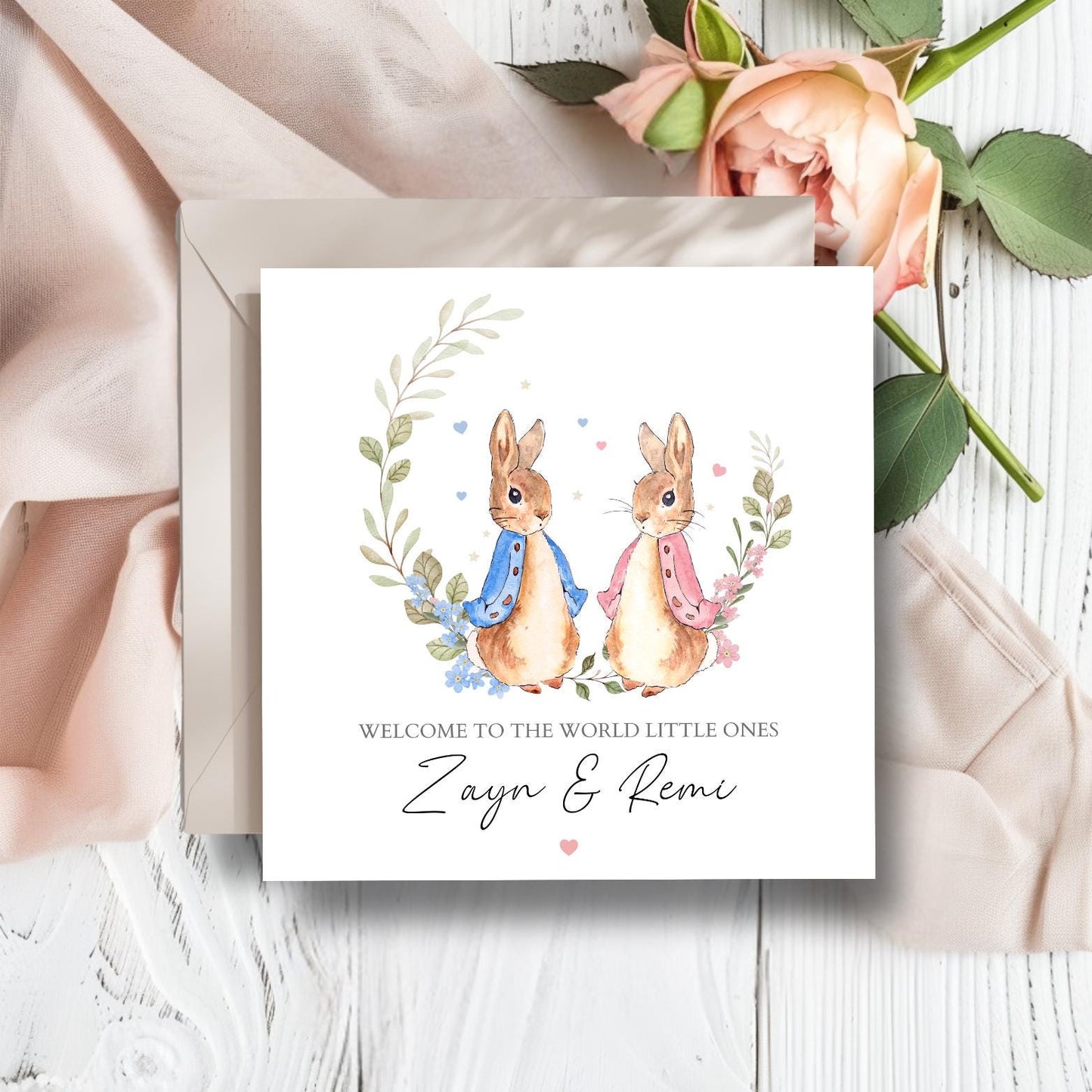 Personalised Flopsy Bunny Rabbit Twins Card, Twin Girl Peter Rabbit Card ,Twins Boys Card, Peter Rabbit New Baby Card