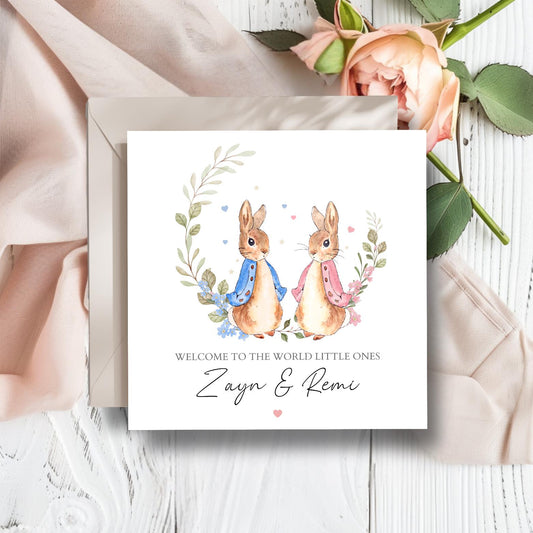 Personalised Flopsy Bunny Rabbit Twins Card, Twin Boys Peter Rabbit Card ,Twins Girls Card, Peter Rabbit New Baby Card