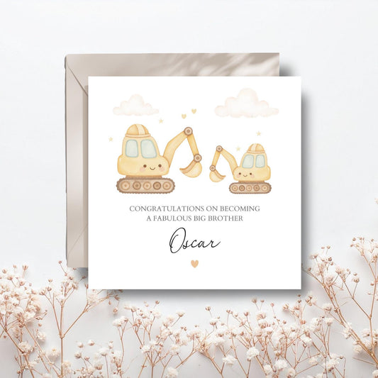 Personalised Big Brother Digger Card - Construction Big Brother Card For Son-  Digger Promoted to Big Brother- Construction Truck Card