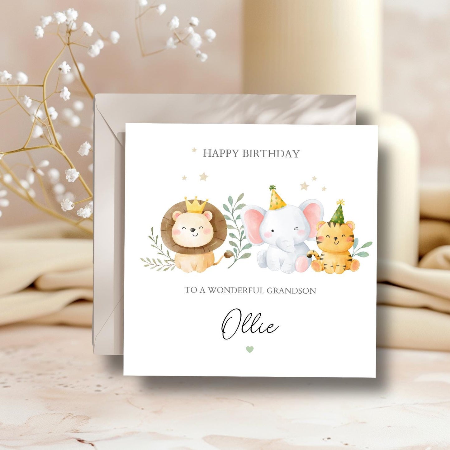 Personalised Safari Birthday Card Safari Animals | 1st, 2nd Birthday Animals Card for Grandson| Boy Birthday Card for Son, Grandson, Nephew